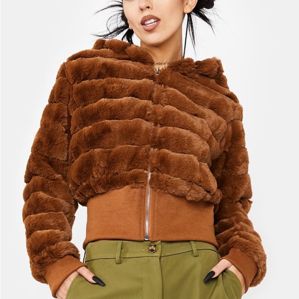 Rehab Lab Hooded Brown Fur Jacket | Size Small